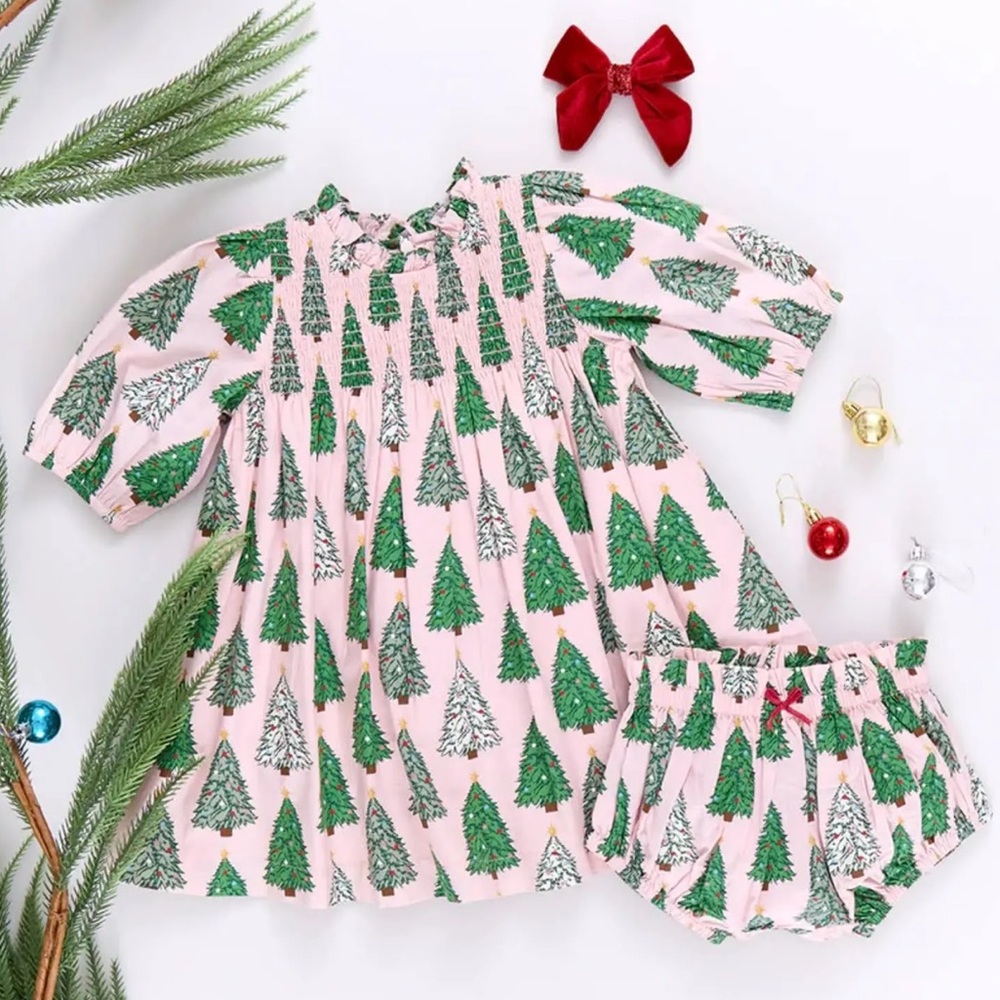 Pink Chicken Pink and Green Christmas Tree Print Dress with Bloomers
